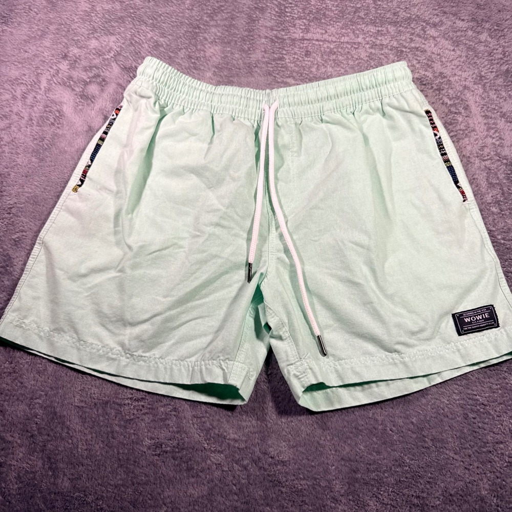 Wowie Mens Mint Green Casual Beach Shorts Woven Trim Elastic Waist Size Medium